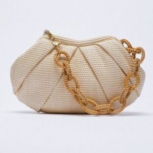 Zara Raffia Chain Link Woven Shoulder Bag Clutch In Natural